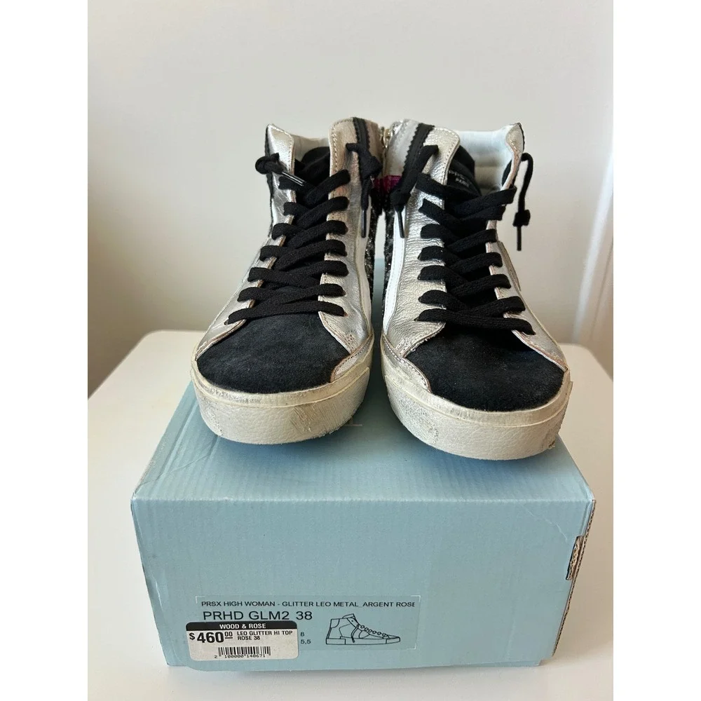 Philippe Model Paris PRSX High Woman Glitter Leo Metal‎ Argent Rose Sneakers 38
